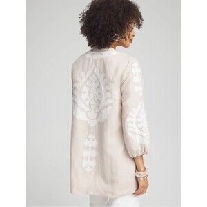 Chicos Embroidered Linen Topper Jacket Tan Open Front Size 10 Boho Coastal